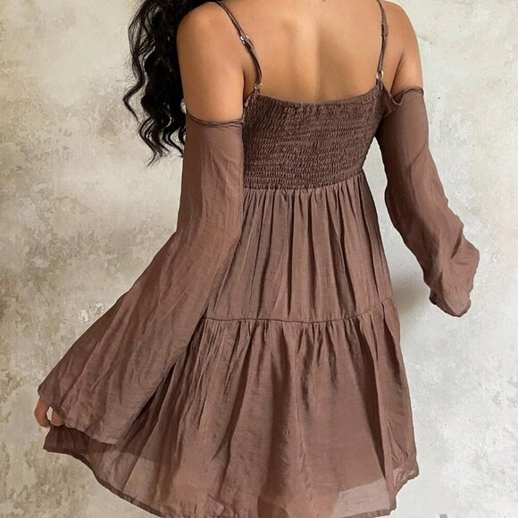 Brown Casual Women's Knitted Colorblock Off-Shoulder Long Sleeve Mini Dress - Picture 3 of 7